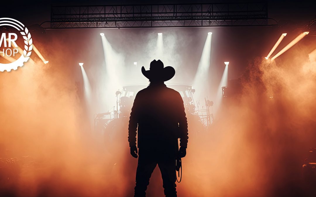 Cowboy vor einer Bühne mit Nebelschwaden