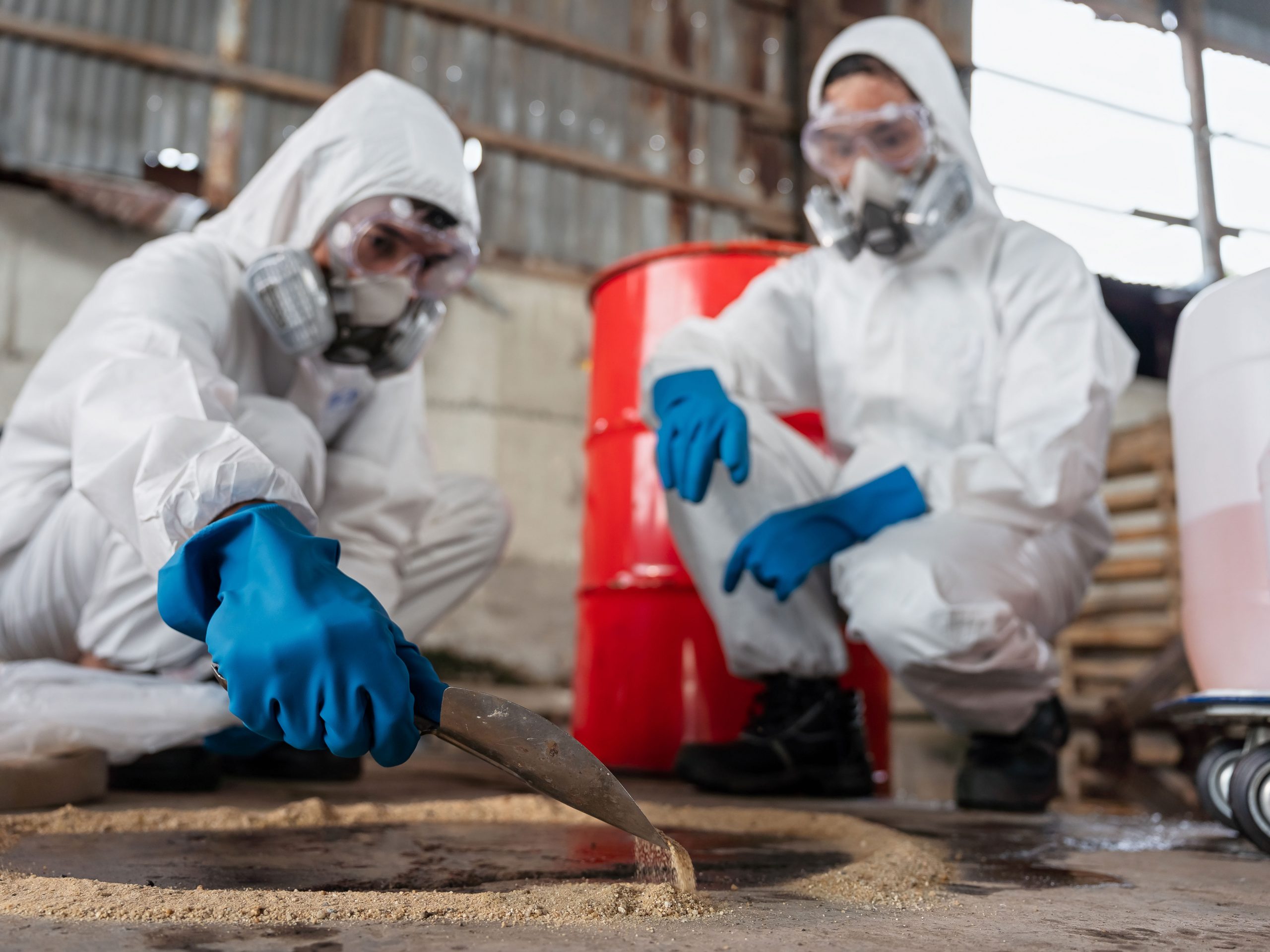 Zwei Chemiker mit PSA-Anzügen und Gasmasken bergen verschüttete Chemikalie auf dem Boden des Fabriklagers.